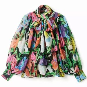 Iris Apfel for H&M pussy bow balloon sleeve tropical print a line top SZ  S BNWT